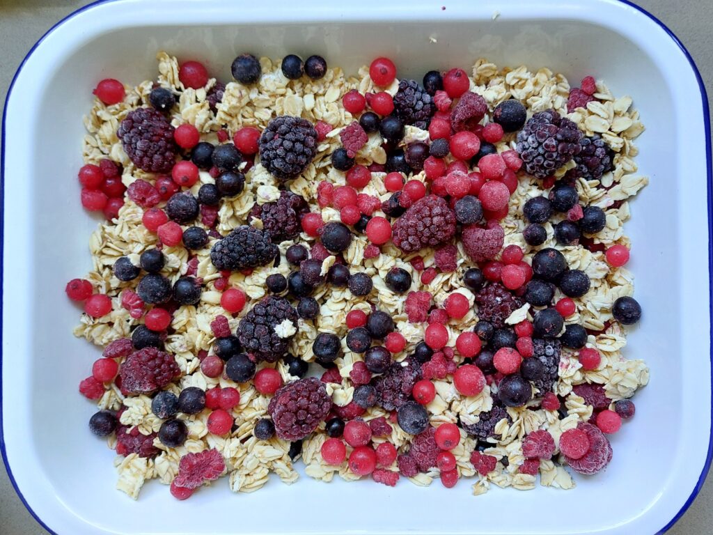 Layer half the berries at the bottom of the dish. Spread oats on top, then add the remaining fruit.