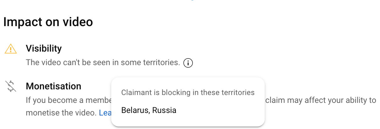 Video Blocked in Belarus, Russia screenshot from YouTube